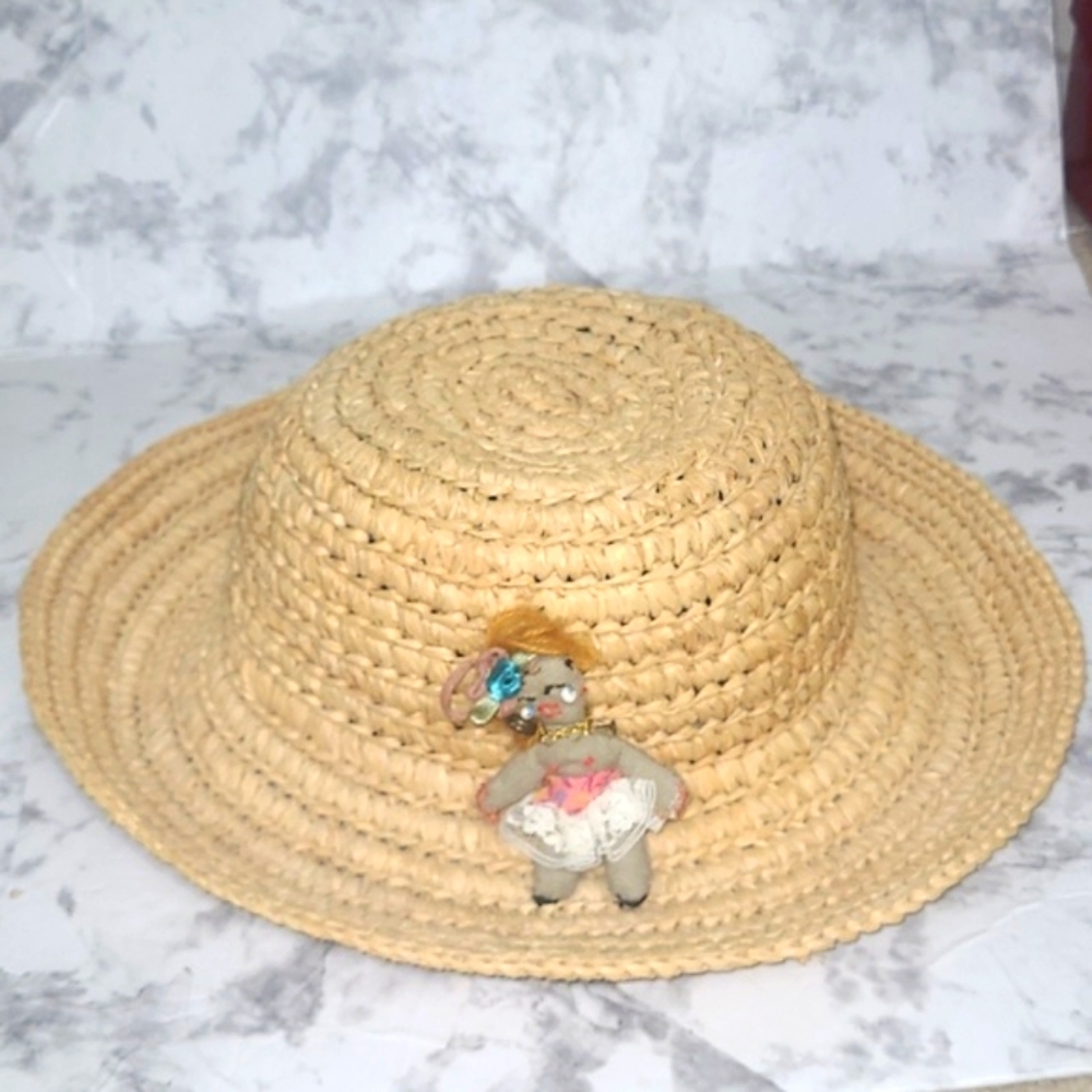 Kaminsky Raffia Straw Sun Beach Hat Vintage w Folk Art Hat Pin Australian